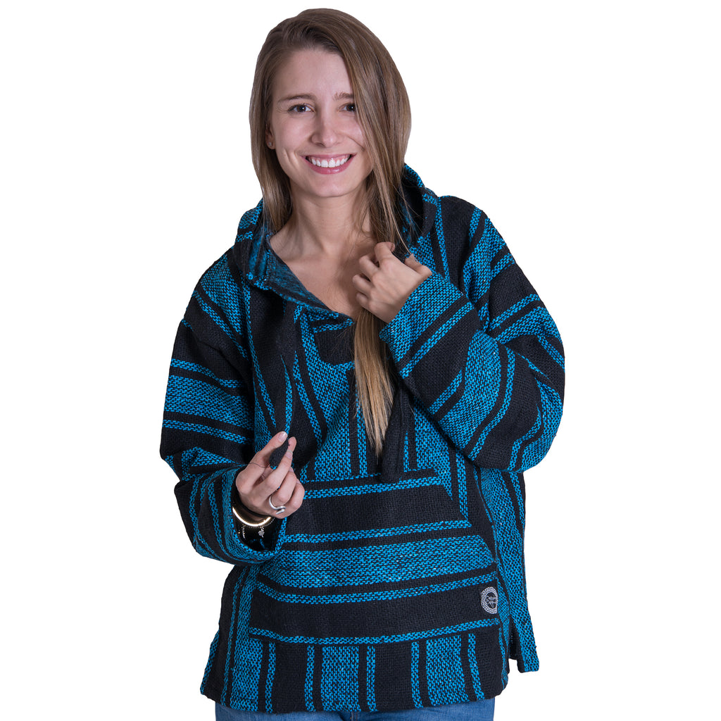 Surf Stlye Light Blue and Black Baja Poncho